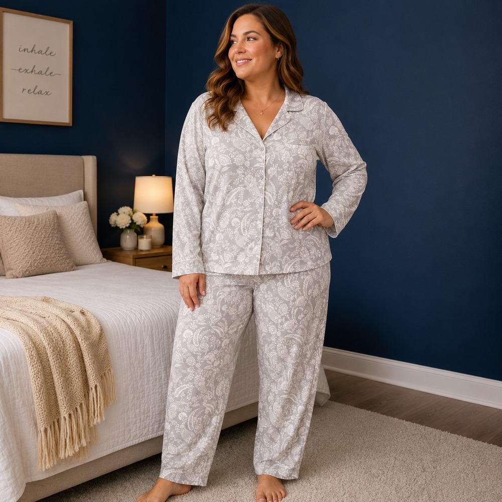 Adonna Pajama Set Women's Medium Gray Paisley Sleepwear Lounge Cozy Comfy Soft